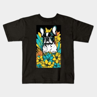 French Bulldog Vibrant Tropical Flower Tall Retro Vintage Digital Pop Art Portrait 2 Kids T-Shirt